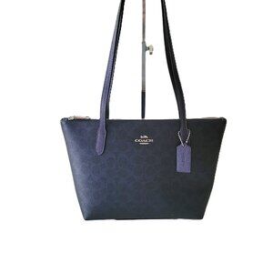 Coach CW396 Metallic Signature Fiona Tote Handbag Blue Navy Coated Canvas